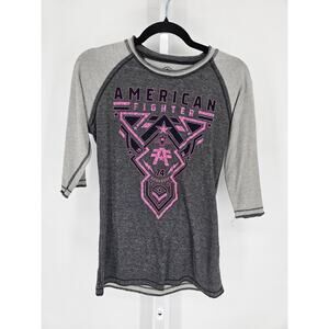 American Fighter Hatsdale raglan t-shirt Womens Sz S Gray and White